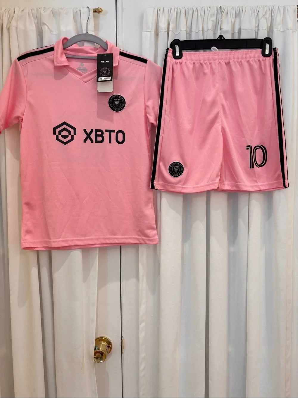 miami Pink Soccer Set Jersey & Shorts with Black Tag and Embroidered Crest